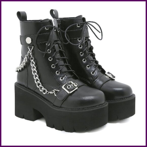 Shoes - Platform Combat Boots, Lace Up Gothic Ankle Boots, Chunky Heel